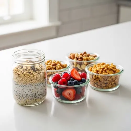 Overnight oats with toppings like nuts and fruit stored separately for meal prep