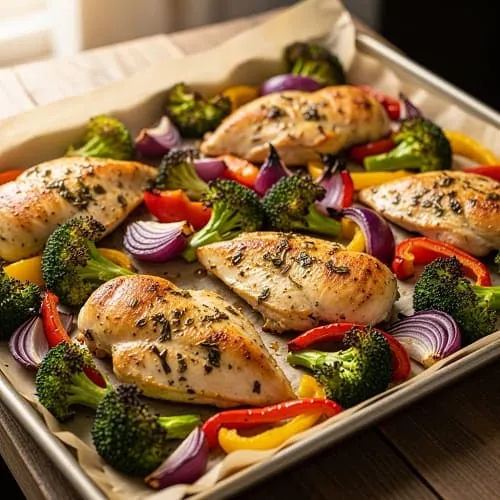 Sheet pan lemon garlic chicken with roasted vegetables for meal prep