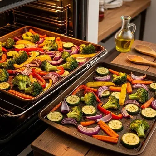 Sheet pan vegetables roasting for weekly meal prep