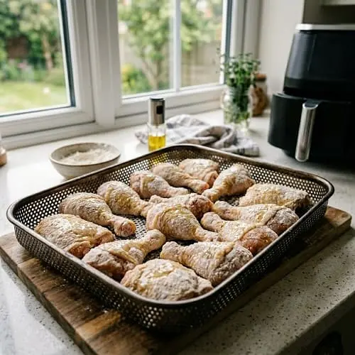 Flour coated chicken pieces arranged in an air fryer basket with space between them for airflow