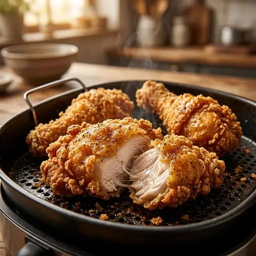 Crispy air fryer fried chicken made with a seasoned flour coating