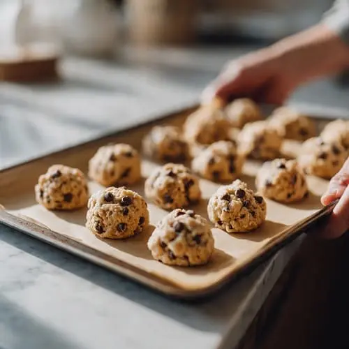 Cookie dough chilling on a baking sheet to prevent spreading when using butter substitutes
