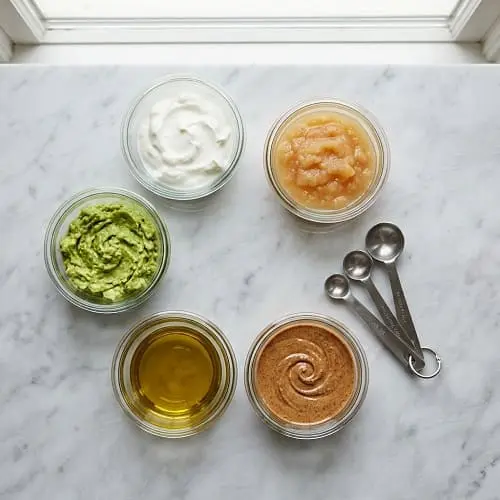 Bowls of common butter substitutes for baking like Greek yogurt, applesauce, avocado, and oil