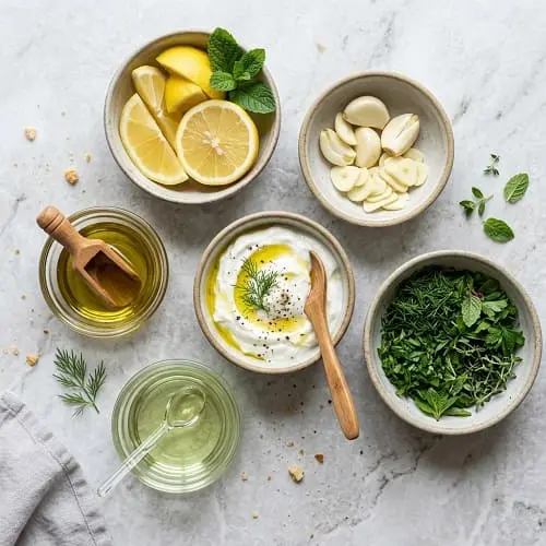Common healthy butter substitutes for cooking including olive oil, avocado oil, Greek yogurt, and lemon