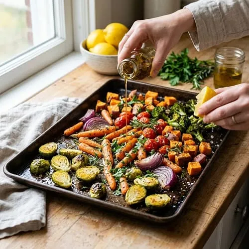 Roasted vegetables finished with olive oil, lemon, and herbs instead of butter