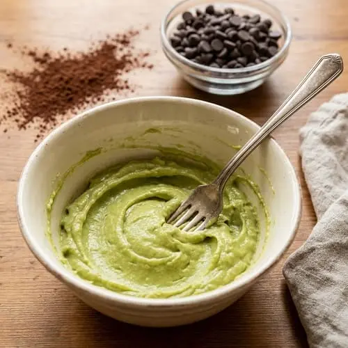 Mashed avocado in a bowl as a butter substitute for baking