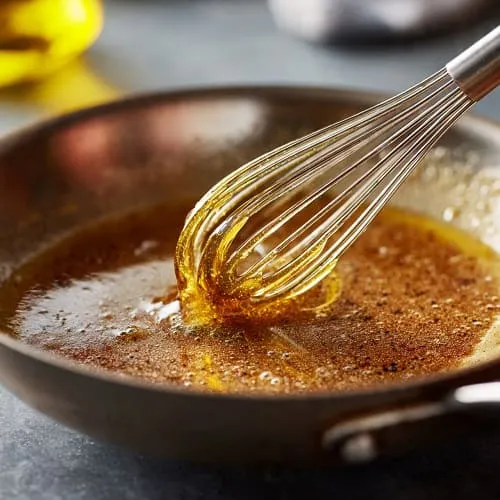 Pan sauce being finished with olive oil instead of butter
