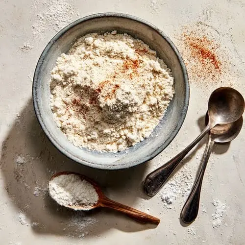 Seasoned flour dredge with paprika, garlic powder, and cornstarch in a shallow bowl